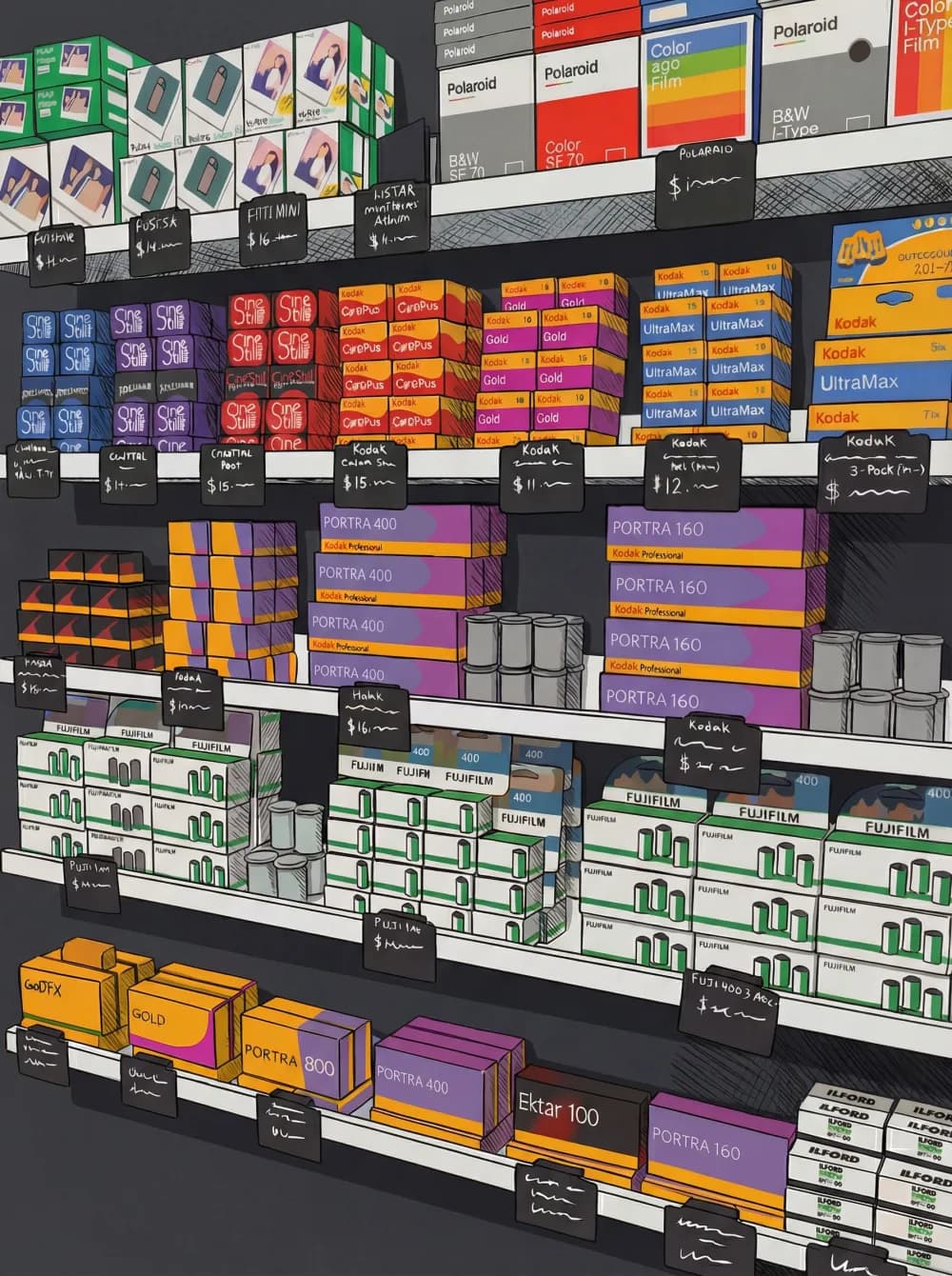 Film stock shelves at Kubus Photo Service featuring Kodak, Fuji, Ilford, Cinestill, and Polaroid film
