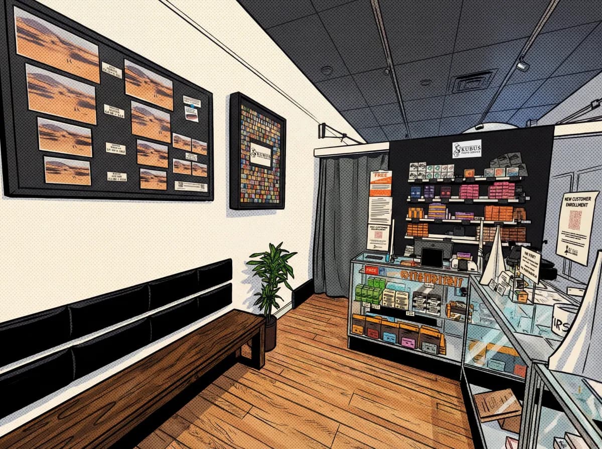 Inside Kubus Photo Service - lobby area with film products, photo displays, and customer service counter