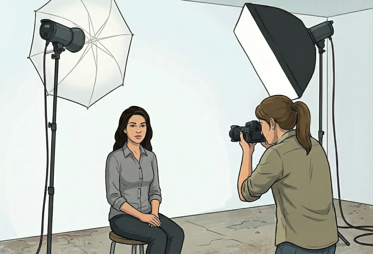 Professional passport and visa photo service illustration showing a camera, US passport, and ID photo