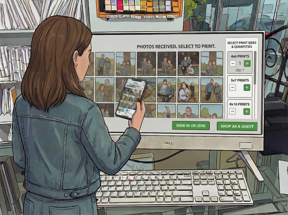 Customer using in-store photo kiosk to order prints from phone at Kubus Photo Service